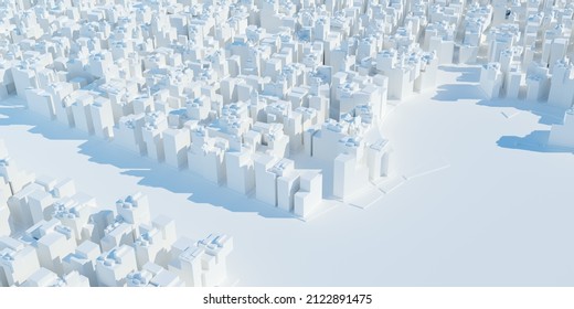 Abstract White, Modern Aerial City Architecture Design Urban Blue Toned Background, Digital City Landscape Buildings Concept, 3D Illustration