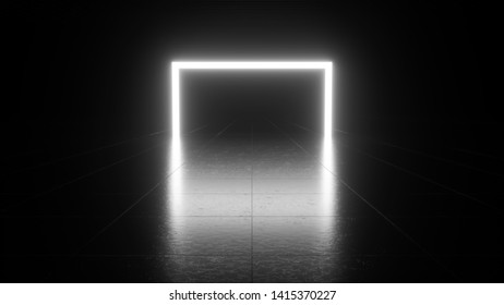 Abstract white neon light in a dark black room with reflection. Used for graphic source and background. 3d rendering - illustration. - Shutterstock ID 1415370227