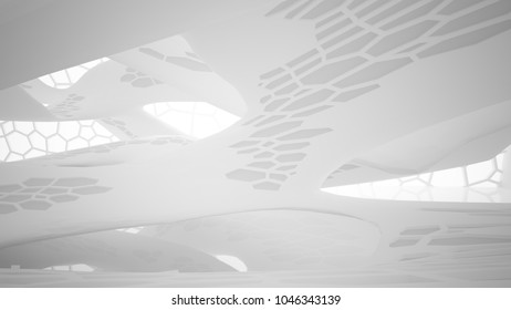 Abstract white parametric interior with window. 3D illustration and rendering.