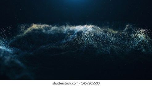 Abstract White Particles And Dark Background. Different Shaped and Different Color Wavy Dots. Dark Particles Wave Background. 3D İllustration of Particles Background. 