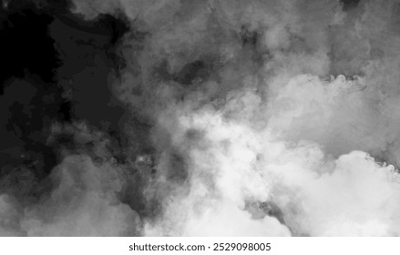 Abstract white puffs of smoke swirl overlays on black background pollution. Royalty high-quality free stock photo of abstract smoke overlays on backgrounds. Black smoke swirls fragments