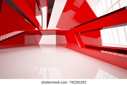 Abstract White And Red Gloss Interior Multilevel Public Space With Window. 3D Illustration And Rendering.