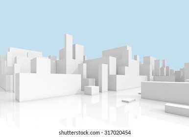 Abstract white schematic 3d cityscape over light blue sky background