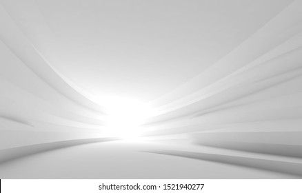 Abstract white tunnel interior with glowing end. Minimal architectural background. 3d rendering illustration