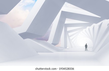 Abstract White Tunnel Perspective With A Man Standing Inside. Mixed Media, 3d Rendering Illustration