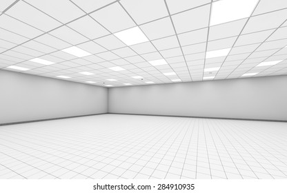 Abstract Wide Empty Office Room Interior With White Walls, Ceiling Illumination And Floor Tiling, 3d Illustration