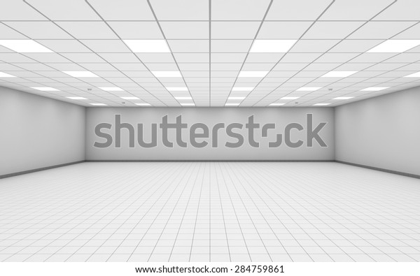 Abstract\
wide empty office room interior with white walls, ceiling\
illumination and floor tiling, 3d\
illustration