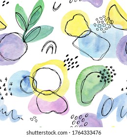 Abstract Wildflowers. High Quality Hand-drawn Watercolor And Line Art Seamless Patterns Of Wildflowers, Abstract Shapes And Lines. 