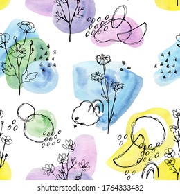 Abstract Wildflowers. High Quality Hand-drawn Watercolor And Line Art Seamless Patterns Of Wildflowers, Abstract Shapes And Lines. 