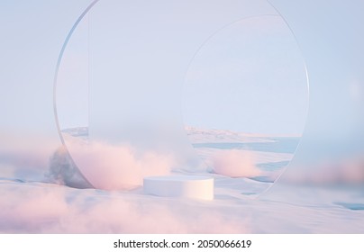 Abstract Winter Christmas Landscape Scene Background With Product Stand. 3d Rendering.