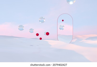 Abstract Winter Christmas Scene With Geometrical Form. Product Stand. Surreal Background. 3D Rendering.