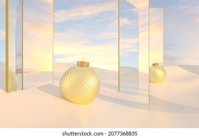 Abstract Winter Christmas Scene With Mirror And Christmas Ball. Surreal Background. 3D Rendering.