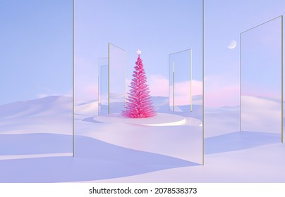 Abstract Winter Christmas Scene With Mirror And Christmas Tree. Surreal Background. 3D Rendering.