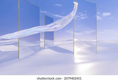 Abstract winter Christmas scene and mirror   floating cloth  surreal background  3D rendering 