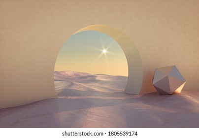 Abstract winter scene and geometrical forms  arch and podium in natural light  minimal background  surreal background  3D render 
