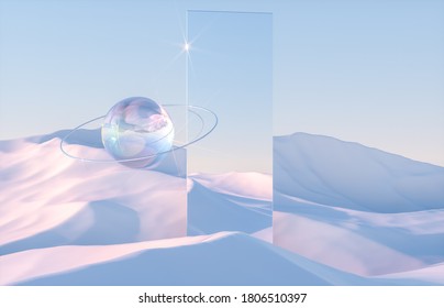 Abstract winter scene and geometrical forms  arch and podium in natural light  minimal background  surreal background  3D render 