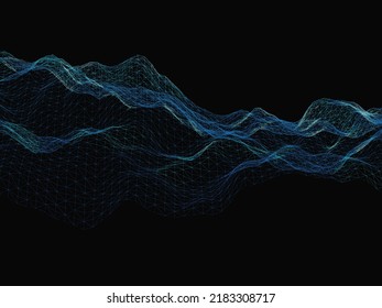 Abstract Wireframe Background. 3D Grid Technology Sufrace. Digital Terrain Cyberspace In Mountains And Valleys, Data Array. Isolated Object.