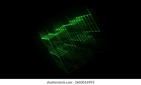 Abstract wireframe cube with connection dots and lines. Digital blockchain concept and data transfer system. Storage cells of data. 3d rendering