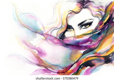 Abstract Woman Face. Fashion Illustration. Watercolor Painting