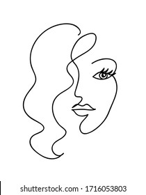 Abstract Woman Face With Wavy Hair. Black And White Hand Drawn Line Art. Outline Illustration.