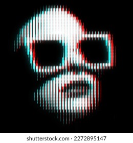 Abstract woman with glasses portrait illustration in halftone television screen pixels pattern. Glitched and corrupted face in halftone and old CRT TVs and VHS pixel style. RGB color split effect