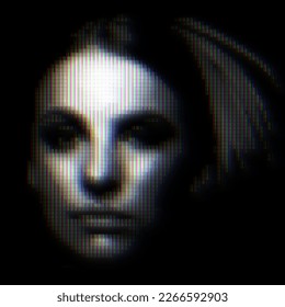 Abstract woman portrait illustration in halftone black and white television screen pixels pattern. Glitched and corrupted female face in halftone and old CRT TVs and VHS pixel style. RGB color split