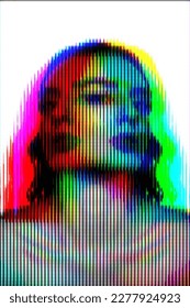 Abstract woman portrait illustration in halftone black and white television screen pixels pattern. Glitched and corrupted female face in halftone and old CRT TVs and VHS pixel style. RGB color split