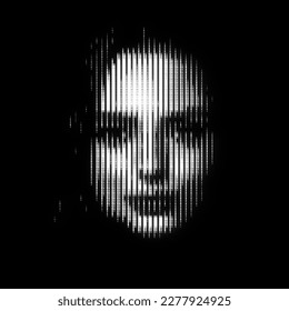 Abstract woman portrait illustration in halftone black and white television screen pixels pattern. Glitched and corrupted female face in halftone and old CRT TVs and VHS pixel style