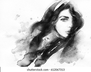 Abstract Woman Portrait. Watercolor Illustration. 
