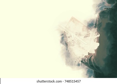 Abstract women reading book on watercolor painting background and Digital illustration brush to art. - Powered by Shutterstock