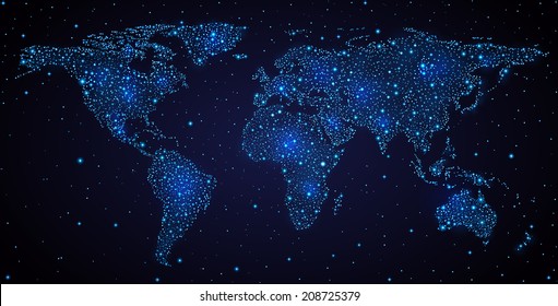 Abstract World Map On Night Sky. 