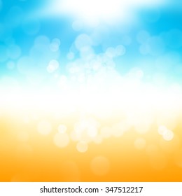 Abstract yellow and blue blurred background. Sandy beach backdrop with turquoise water and bright sun light. Summer holidays concept. Vintage style. Summer background