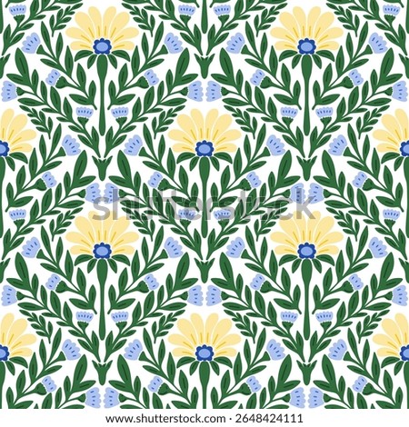 Abstract yellow flowers seamless pattern. Stylized hand drawn symmetric flowers and green leaves on white background. Repeat ornamental floral allover backdrop