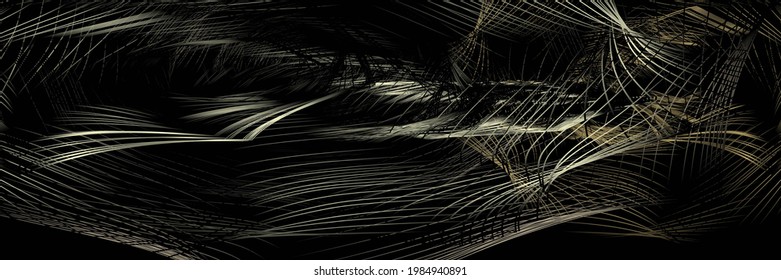 Abstract Yellow And Golden Striped Pattern. Discontinuous Lines Isolated On Black Background. Industrial Digital Spider Web. Raster. 3D Illustration