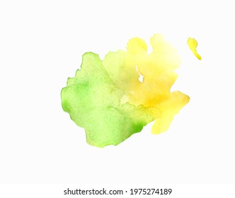 Abstract Yellow And Green Splotch Of Watercolor Paint With Splashes, Smudges On A White Textured Paper