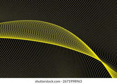 Abstract yellow wireframe wave pattern on a black background. Futuristic digital art design with dynamic curved lines, ideal for technology, science, and creative graphic projects.