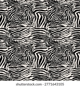 
Abstract zebra patchwork pattern with mixed stripe directions in black and white, seamless animal print background.
