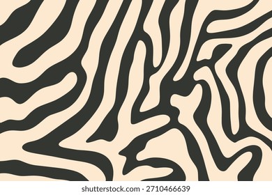 Abstract zebra pattern background with wavy black stripes on a light beige backdrop creating a modern and stylish animal print design element