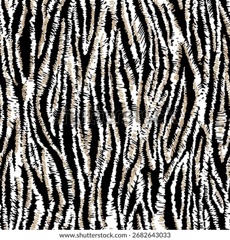 Abstract zebra print seamless pattern with a hand-drawn scribble texture. Modern black, white, and beige animal skin background.