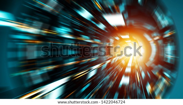 Abstract zoom effect in a blue dark tunnel\
background with colorful traffic\
lights