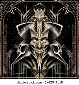 Abstraction dark monument with patterns in the gothic style on supports in the form of three heads looking in different directions, with an architectural construction, arches, on background of space.