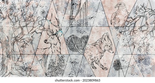 abstraction, drawn contour animals on texture, photo wallpaper in the room