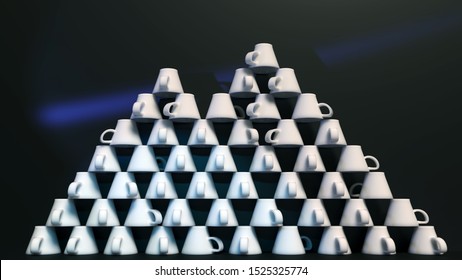 Absurd Pyramid. Stack Of Coffee Mugs. Fine China. White Porcelain. Tableware. Drinking Beverages. Clean Dishes. Arrangement. Coffee Shop Interior. Espresso Cups. 3D Rendering. Rendered With Blender. 