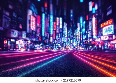 Abtract Colorful Futuristic Night City Background, Tokyo, Neon Signs, Long Exposure Lights, 3d Render, 3d Illustration