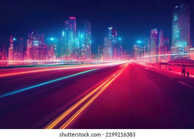 Abtract Colorful Futuristic Night City Background, Tokyo, Neon Signs, Long Exposure Lights, 3d Render, 3d Illustration