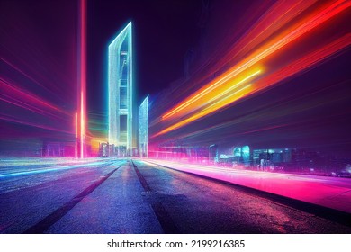 Abtract Colorful Futuristic Night City Background, Tokyo, Neon Signs, Long Exposure Lights, 3d Render, 3d Illustration