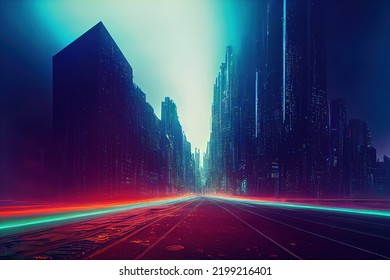 Abtract Colorful Futuristic Night City Background, Tokyo, Neon Signs, Long Exposure Lights, 3d Render, 3d Illustration