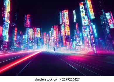 Abtract Colorful Futuristic Night City Background, Tokyo, Neon Signs, Long Exposure Lights, 3d Render, 3d Illustration