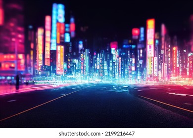 Abtract Colorful Futuristic Night City Background, Tokyo, Neon Signs, Long Exposure Lights, 3d Render, 3d Illustration