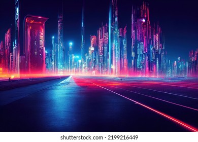 Abtract Colorful Futuristic Night City Background, Tokyo, Neon Signs, Long Exposure Lights, 3d Render, 3d Illustration